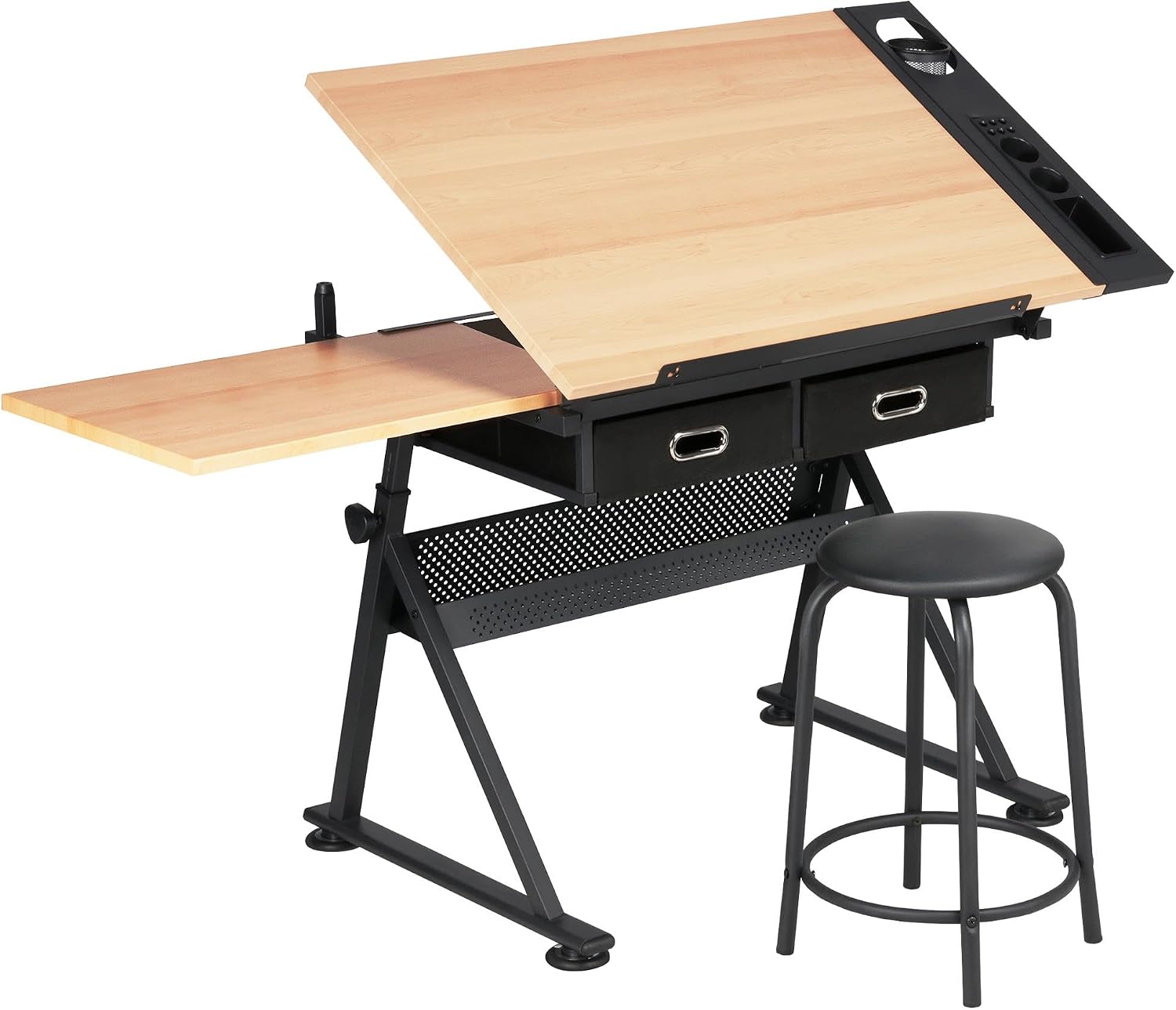 Office Furniture Table - 調整可能な製図台アートデスク（お揃いのスツール付き）、傾斜式製図クラフトワークステーション（収納引き出し付き）、ホームオフィススタジオ用、モダンなアーティスト家具、木目調、2点セット
