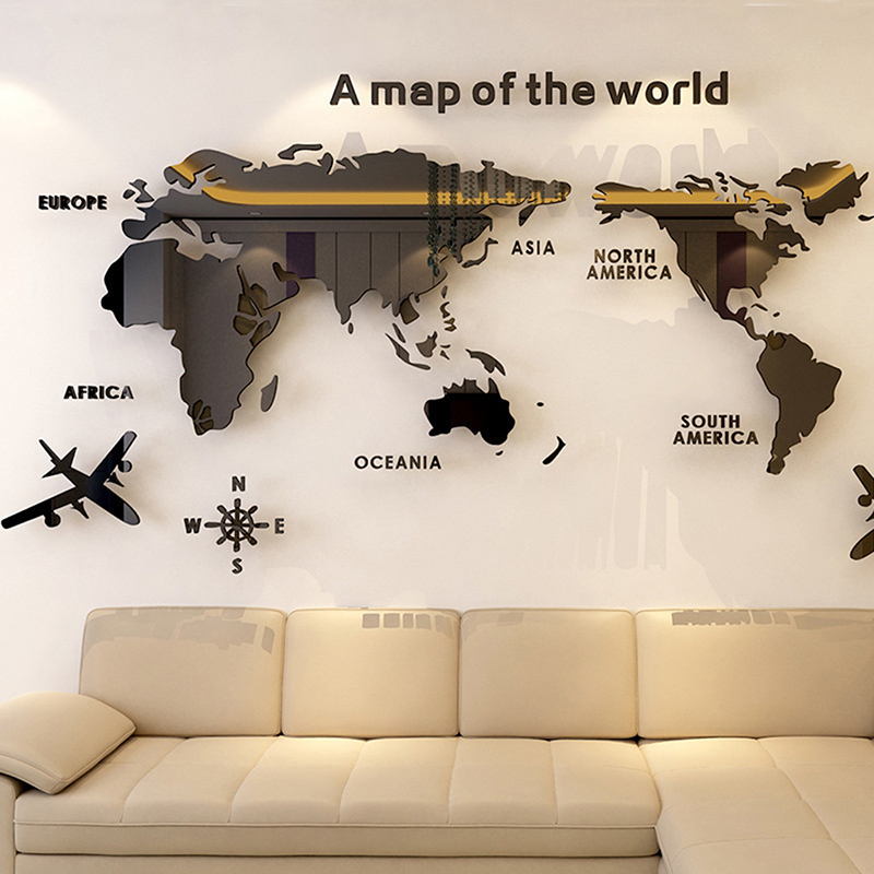 Office Furniture World - 世界地図ウォールステッカー 3D アクリルミラーステッカー三次元リビングルームオフィステレビの背景壁紙装飾