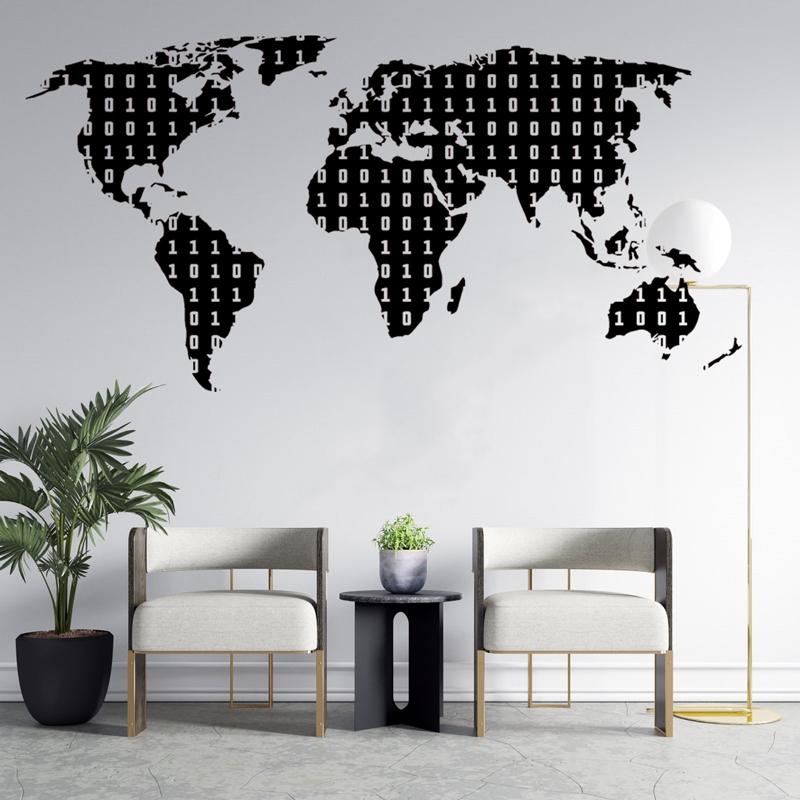 Office Furniture World - バイナリコードテクノロジーデカール世界地図オフィステクノロジービニール装飾壁ステッカーコンピュータ IT 装飾ステッカー壁画
