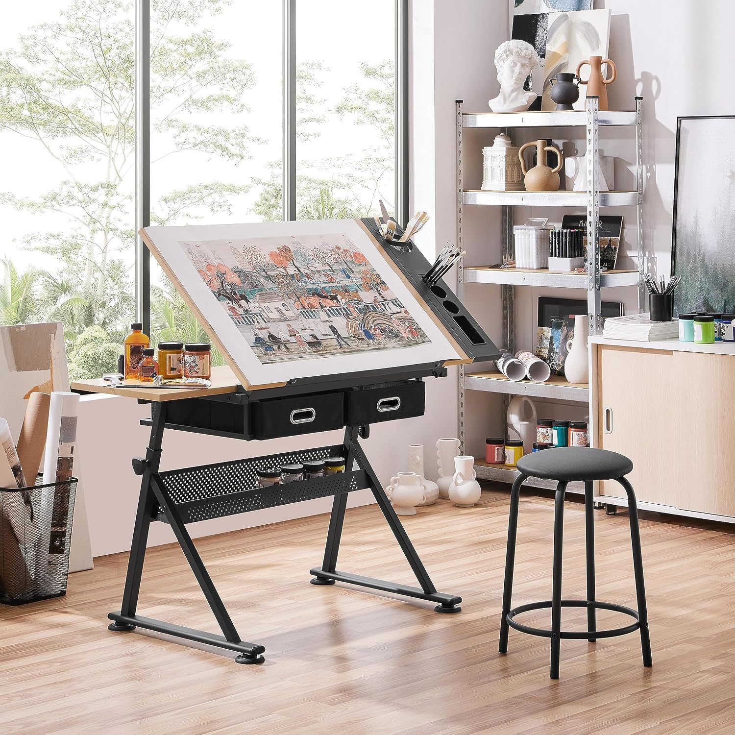 調整可能な製図台アートデスク（お揃いのスツール付き）、傾斜式 - Office Furniture Table のレビューと価格