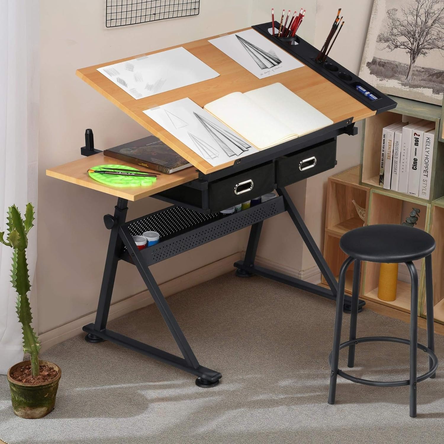 調整可能な製図台アートデスク（お揃いのスツール付き）、傾斜式 - Office Furniture Table のレビューと価格