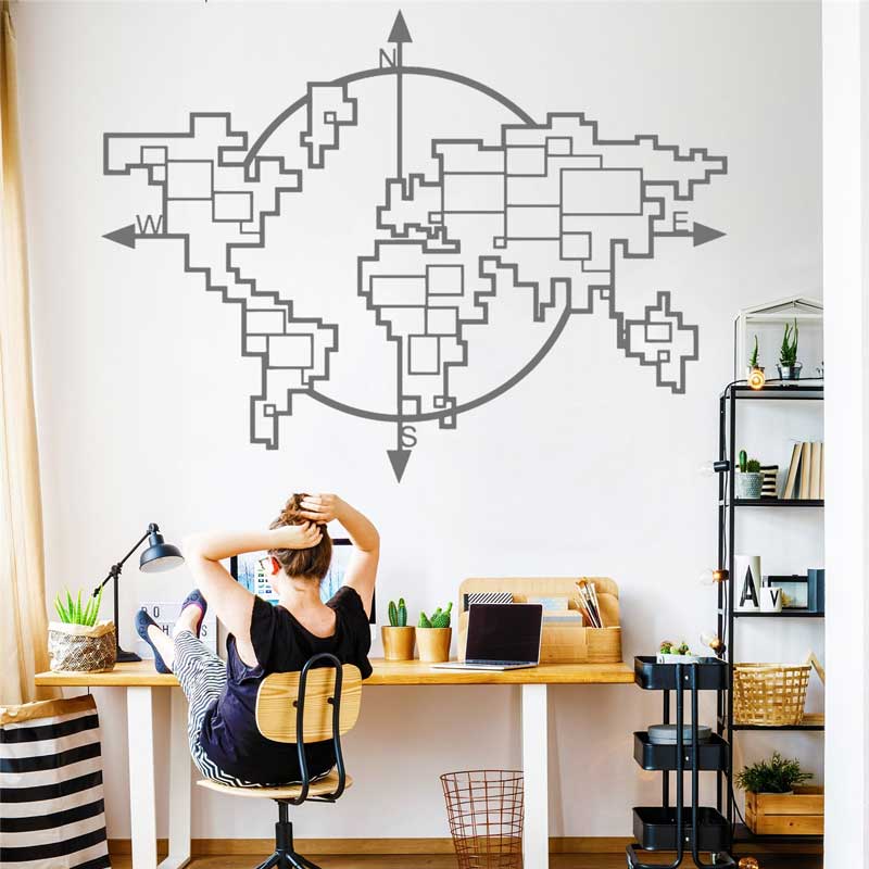 幾何学的な世界地図コンパスビニールウォールステッカーホームリ - Office Furniture World のレビューと価格