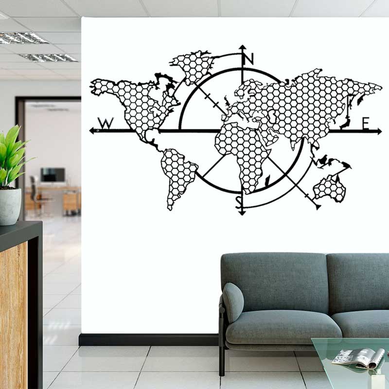 ハニカム幾何学世界地図コンパスビニールウォールステッカーホー - Office Furniture World のレビューと価格