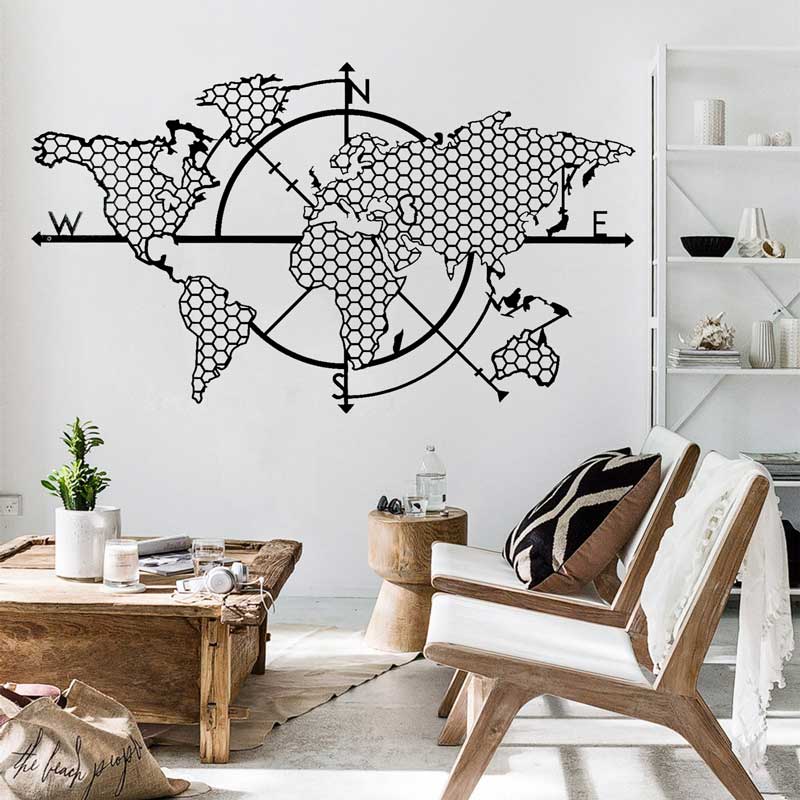 ハニカム幾何学世界地図コンパスビニールウォールステッカーホー - Office Furniture World のレビューと価格